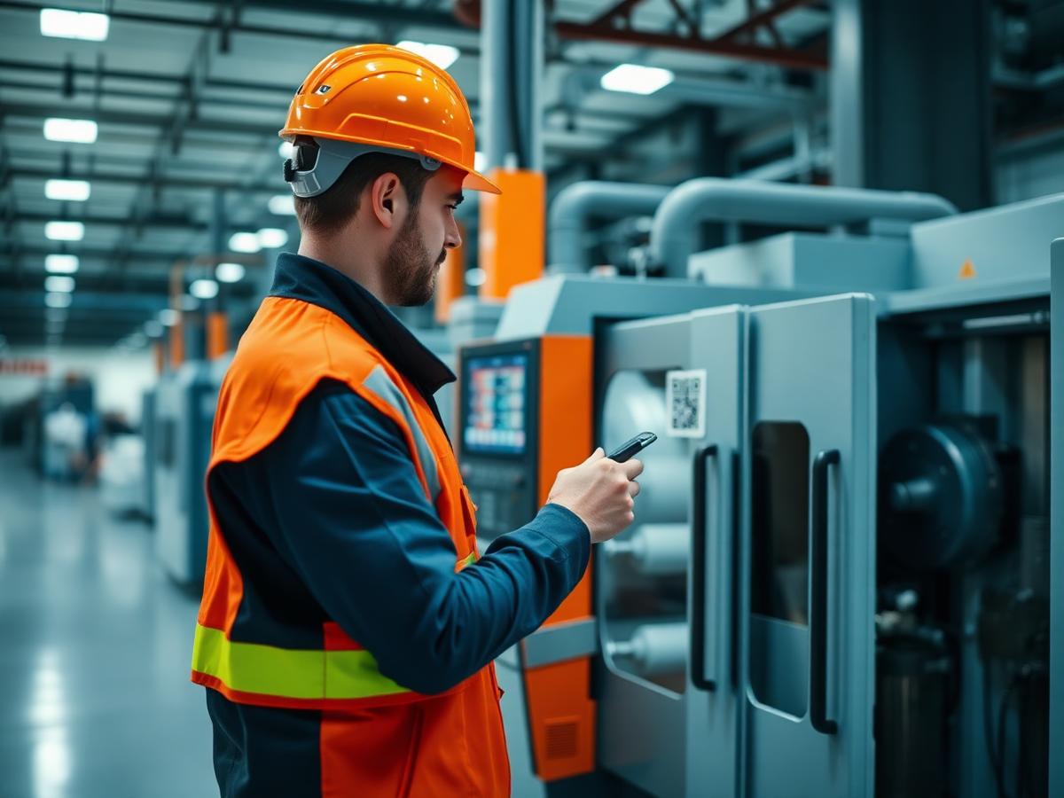 Técnico de mantenimiento escaneando un código QR en una máquina industrial